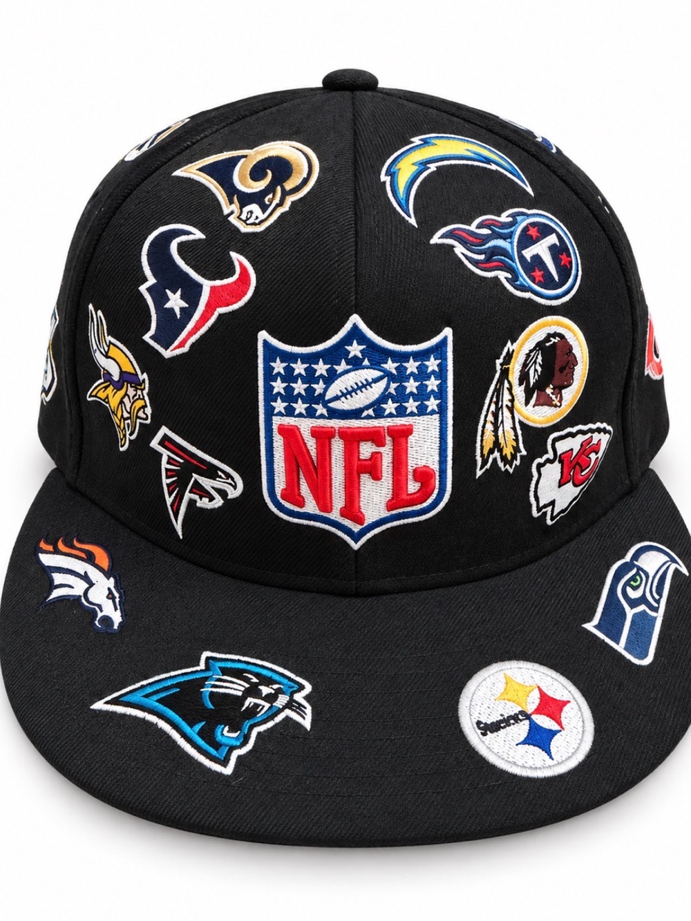Vintage NFL All Over Multi Logo Stitch Fitted Hat OSFA Redskins Rams Chargers